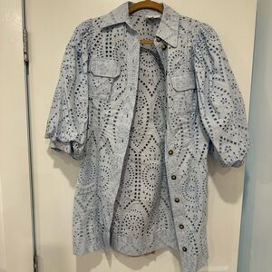 GANNI Light Blue Eyelet Button-Up Shirt Dress